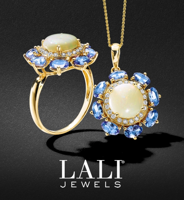 LALI JEWELS New Lali opal jewelry set in blue gemstone halos in yellow gold on a black textured background.
